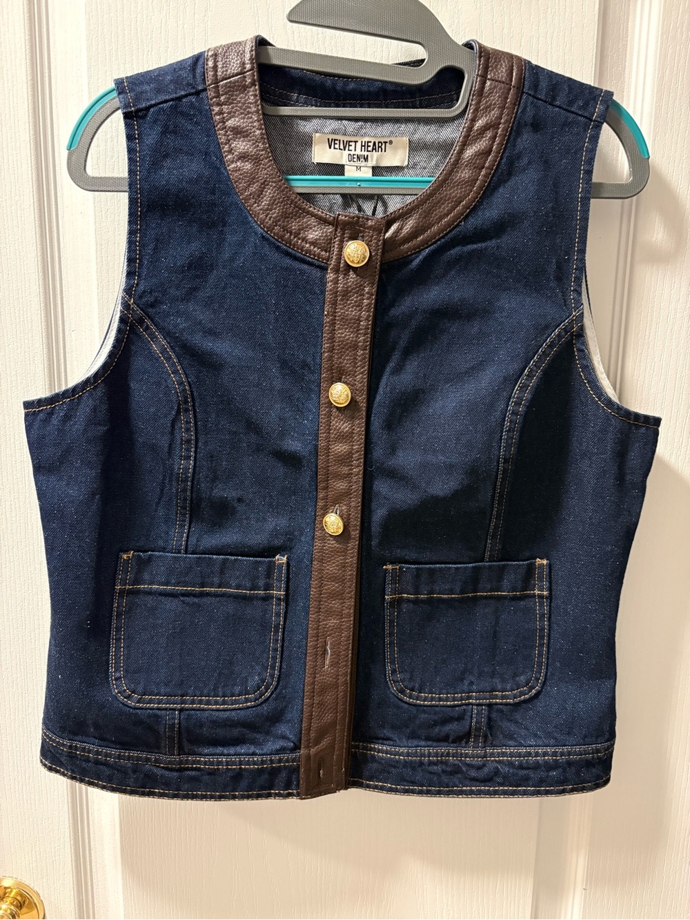 Velvet Heart Navy Denim Vest with Brown Trim and Gold Buttons